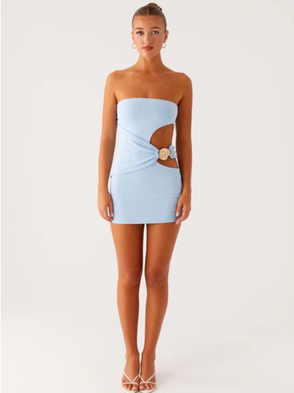 Peppermayo Strapless Mini Dress in Blue with Side Cutout & Shell Detail - Picture 2 of 4